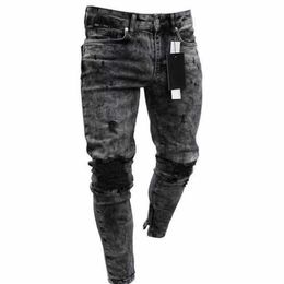 Spring and Summer new men's skinny jeans snowflake casual Slim zipper pants men's jeans195E