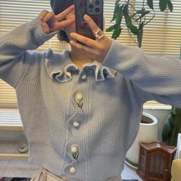 Sweet Beaded Peter Pan Collar Sweater Coat for Women Autumn and Winter 2023 New Cute Embroidered Loose Short Knitted Top
