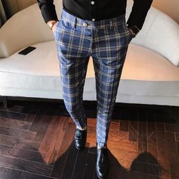 Mens fashion Men Dress Pant Plaid Business Casual Slim Fit Homme Classic Vintage Cheque Suit Trousers Wedding Pants2478