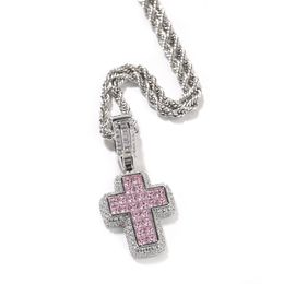 Hip Hop Rapper Men shiny diamond pendant gold silver necklace square pink zircon crucifix pendant zircon Jewellery night club accessory sweater rope chain 24inch 1841