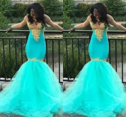 Sleeves 2023 Long Prom Dresses Mermaid With Gold Lace Applique Floor Length Beaded Sequins Custom Made Ruched Evening Party Gowns Vestidos Plus Size