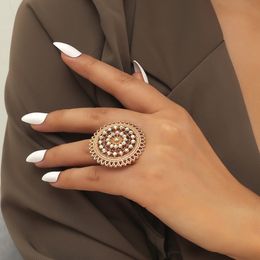 Exquisite Vintage Geometric Round Ring Ethnic Style Exaggerated Inlaid Rhinestone Large Ring For Women Jewellery Gift Wholesale YMR018