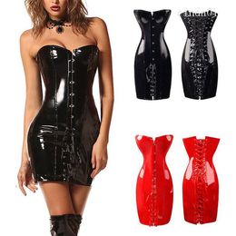 Women PU Leather Corset Gothic Sexy Dress Shiny PVC Leather Boned Bustier Top Lace Clubwear Corselet Black Red218R