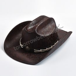 Faux Leather Western Cowboy Hats for Men Vintage Gentleman Dad Fedora Church Cap Panama Cowgirl Jazz Hats Sombrero Hombre