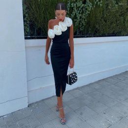 Casual Dresses Black And White Party Handmade Flowers Ruffles One Shoulder Formal Prom Dress Length Women Maxi Cocktail