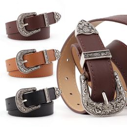 Women's Retro Pin Buckle Belt Vintage Carved PU Leather Gothic Casual Fashion All-Match Belt Dress Waistband Luxury Brand