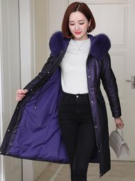 Women's Leather 2023Leather Jacket Real Sheepskin Jackets Women 90% White Duck Down Coats Fur Collar Hooded Coat Female Cuer