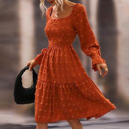 Casual Dresses Elegant Women's Dress Boho Square Neck Dot Flounce Sleeve A Line Tiered Flutter Midi Chiffon Party Autumn Clothes