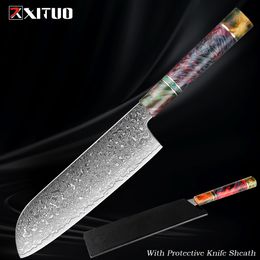 Santoku Chef's Knife 7 Inch Damascus Japan VG-10 Super Stainless Steel Sharp Kitchen Cooking Knife Ergonomic stable wood handle