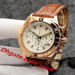 3A Quality Mens Watch 44MM Chronomat B01 Chronograph VK Quartz Movement Rose Gold Silver Dial 50TH ANNIVERSARY Men Watches Leather239b