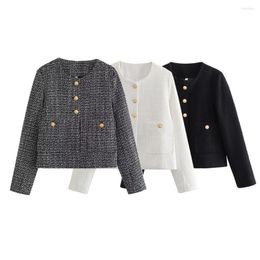 Women's Jackets 2023 Fashion Tri Colour Metal Button Short Textured Fragrant Jacket Coat Vintage Long Sleeve Unique Top