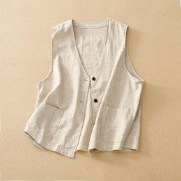 Spring And Vests Summer Thin Clothing Artistic Loose Retro Single Breasted Pure Colour Cotton Linen Vest