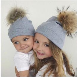 Berets 2023 Double-layer Cotton Pullover Baby Hat Raccoon Fur Ball Children's Beanie Caps For Boys Girls 1-4 Years Old