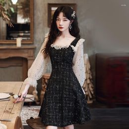 Party Dresses Black Plaid Graduation Dress Women Patchwork Sequins Eight Sleeve Evening Gown Elegant Modern A-Line Zipper Cocktail