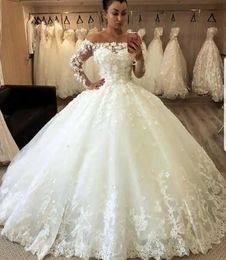 Ball Gown Wedding Dresses Ivory Bridal Gowns White Formal Tulle Lace Applique Plus Size Lace Up Zipper New Custom Bateau Long Sleeve 3D Floral Appliques