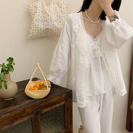 Women's Sleepwear Spring Autumn Female 3Pcs Pyjamas Set Sweet French Court Style Princess Lace Nightwear Pijamas Suit Loose Home Wear