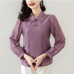 Women's Blouses Elegant And Chic Chinese Style Retro Frog Improved Purple Hanfu Blouse For Women 9 Point Sleeve Lapel Collar Loose Casual