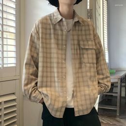 Men's Casual Shirts Corduroy Plaid Short Sleeve Shirt Loose Korea Trendy Oversized Blouses Streetwear Y2k Cheque Coat