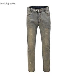Men's Jeans Black Street K77# Vintage Painted Stretch Cotton Denim Biker Slim Fit Pleated Pants For Motorcycle336R