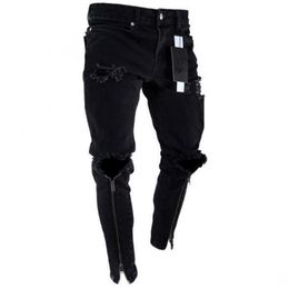 QNPQYX Mens Zipper Holes Designer Jeans Black Ripped Slim Fit Represen Pencil Pants Multi Style224k