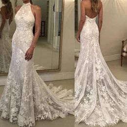 Halter Mermaid Beach Wedding Dresses Sleeveless Lace Applique Sweep Train Open Back Trumpet Bridal Gown Vestidos Novia Baratos 328 328