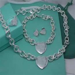 2020 new silver thick link chain with silver heart bracelet and Pendant Necklaces earrings ring charming 4pcs suit with box and du274H