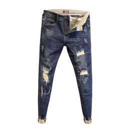 Whole 2020 Fashion No ironing low waist washing edge pants slim feet pants men's spring ripped holes ankle length jeans287u