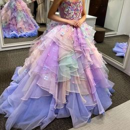 Exquisite Rainbows Prom Dress Colorful Applique Strapless High Waist Sweep Train Rainbow Evening Dresses Ball Gown Bridal Gowns Vestidos De Novia 328 328