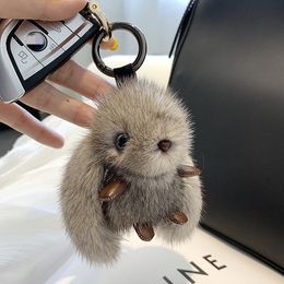 Plush Keychains Mink hair long ears rabbit kawaii bag pendant plush fur doll keychain luxury birthday gift for girls 230911