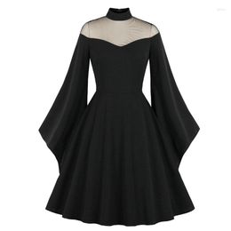 Casual Dresses Halloween Black Mesh Flare Sleeve Patchwork Vintage Dress Women Summer Autumn O Neck High Waist Large Swing Fashion