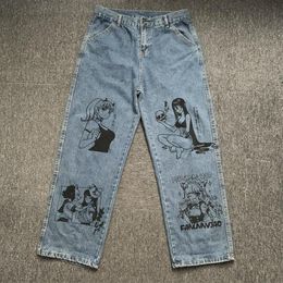 Men's Jeans GODLIKEU Men Washed Harajuku Anime Print Baggy Streetwear Cotton Fashion Loose Wide Leg Pants289f