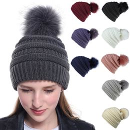 Winter Faux Fur Pompom Ball Knitted Beanies Hat For Women Woollen Warm Stripe Crochet Caps Xmas Gift M259O