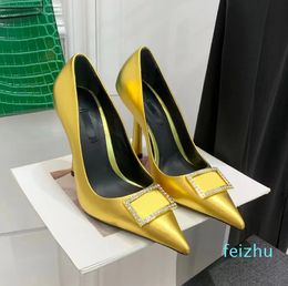 top-level Metal ornaments decoration Pointed Toe Pumps Gold metal calfskin Luxury Dress shoe Evening party wedding heeled factory footwea