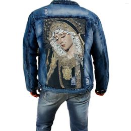 Men's Jackets Hip Hop Funny Printed Mens Denim Jacket Hole Wear Lapel Coat 2023 Autumn Winter Cowboy Fashion Trend Streetwear