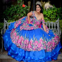 Blaue mexikanische Blumen-Quinceanera-Kleider, abgestuftes Ballkleid, Vestidos De 15 Quinceanera, schulterfrei, xv anos Charro