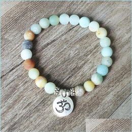 Charm Bracelets Charm Bracelets Matte Amazonite Stone Strand Bracelet Yoga Chakra Mala Ohm Lotus Women Men Beaded Handmade Jewelry243A