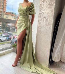 Sexy Plus Size Mermaid Prom Dresses Long for Women Satin Off Shoulder Draped Pleats High Side Split Formal Wear Birthday Pageant Second Reception Party Gowns