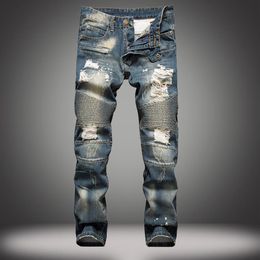 Men Fashion Designer Ripped Biker Jeans Slim Fit Denim Pants Distressed Joggers Washed Pleated Blue Jeans275e