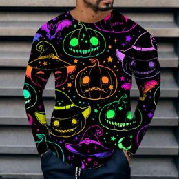 Men's T Shirts Halloween Fun Pumpkin Pattern Tee Shirt Doodles Graphic Long Sleeve Tees Tops Mens Casual Hip-