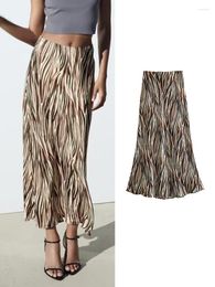 Skirts 2023 Women Striped Print Mid-Calf Summer Fashion High Waist A-line Skirt Dress Vintage Thin Beach Style