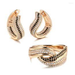 Necklace Earrings Set Kinel Luxury Natural Black Zircon Ring For Women 585 Rose Gold Ethnic Bride Vintage Wedding