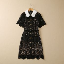 2023 Black Belted Floral Lace Dress Short Sleeve Peter Pan Neck Contrast Colour Double Pockets Short Casual Dresses S3W130511