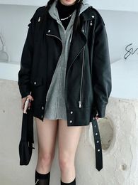 Women's Leather Stylishe Moto Biker PU Faux Jacket Women Blet Fashion Zipper Casual Coats Female Street Black Korean Oversized Outwear