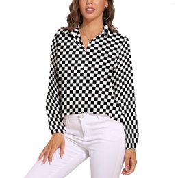 Women's Blouses Two Tone Art Blouse Basic Checkerboard Aesthetic Design Woman Street Fashion Shirt Spring Long Sleeve Oversized Clothing