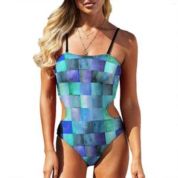 Women's Swimwear Colorful Geometry Swimsuit Watercolor Square One Piece Bodysuit Female Push Up Sexy Swim Bathing Suits
