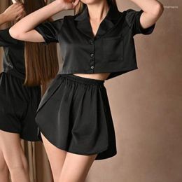 Women's Sleepwear BKQU Black Pajamas For Women 2 Piece Sets Loose Sleeve Crop Top Female Home Suits With Shorts Spring Casual Cotton