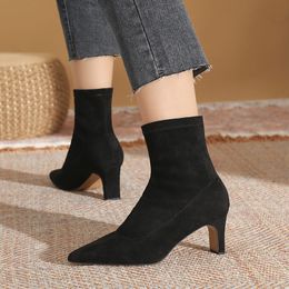 Boots Elegant Ladies Pointed toe flock ankle boots high heels winter shoes woman slip on sock botines female warm fur botas 2023 230911