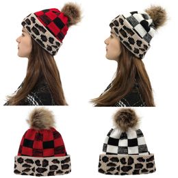 2 Color Leopard Print Detachable Hairball Knit Hat Christmas Plaid Curled-Edge Woolen Hat Women's Stylish Outdoor Warm Hat