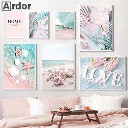 Sunrise Palm Leaf Canvas Prints Sea Landscape Art Painting Starfish Shell Beach Poster Nordic Wall Pictures Living Room Decor L01