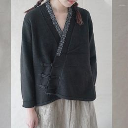 Women's Sweaters Chinese Style Slant Placket Button Neckline Embroidered Sweater For Autumn And Winter Art Knitting Cardigan Suit